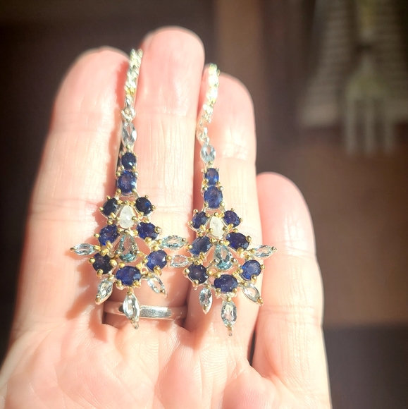 Sapphire Topaz & Moonstone ornate sterling & gold earrings - Picture 7 of 8